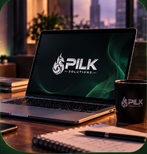 Notebook e caneca com a identidade da PILK Solutions